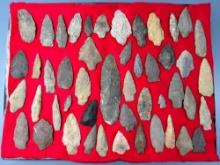NICE FRAME of 48 Various Arrowheads, Blades, Longest is 5 1/2", Mainly Found in Gloucester Co., NJ