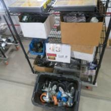 Rack w/ Contents:  Drill Bits, Allen Wrenches, Portable Ozone Generator, Electronic Parts, Castors &
