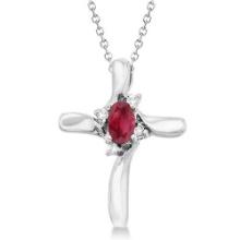 Ruby and Diamond Cross Necklace Pendant 14k White Gold 1.05 CTW