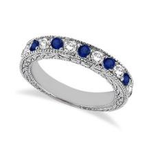 Antique style Diamond and Blue Sapphire Wedding Ring 14kt White Gold 1.05ctw