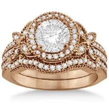 Butterfly Diamond Engagement Ring and Wedding Band 14k Rose Gold 1.58ctw