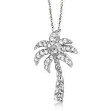 Palm Tree Shaped Diamond Pendant Necklace 14k White Gold 0.25ctw