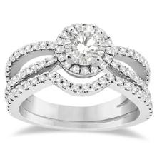 Diamond Halo Split Shank Engagement Bridal Set 14k White Gold 1.67ctw
