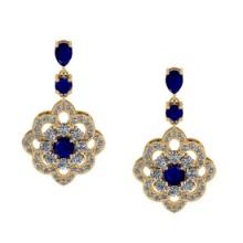 5.20 Ctw VS/SI1 Blue Sapphire And Diamond 14K Yellow Gold Dangling Earrings (ALL DIAMOND ARE LAB GRO