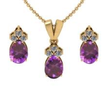 4.15 Ctw VS/SI1 Amethyst and Diamond 14K Yellow Gold Pendant +Earrings Necklace Set (ALL DIAMOND ARE