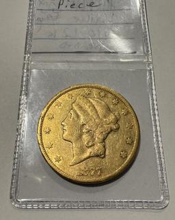 1877-CC $20 GOLD COIN, GRADED VALUE $12,000