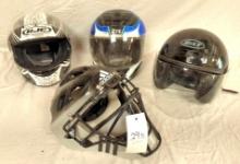 Motorcycle Helmets by HJC, Bilt & Z1R, and a Lacrosse Helmet by Adidas, a padded riding jacket, a