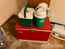 Coleman chest type cooler, Pioneer thermous jugs, Igloo lunch box