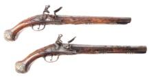 Pair of Silver Mounted Roman-Style Flintlock Pistols, 18th Century