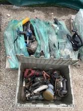 Tote and pallet of misc tools and saws