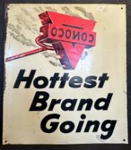 1950s Conoco Hottest Brand Going & Oil-Plate w/ Super Motor Oil Double Sided Painted Metal Advertisi