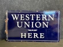 Western Union Here Double Sided Porcelain Cobalt Blue 1920s Advertising Flange Sign