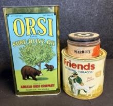 Lot 3 Vintage Tins Orsi Olive Oil w/ Black Bear, Marbles Satchi Patches & Friends Smoking Tobacco w/