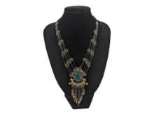 Ladies Beaded Fringe Necklace with Blue/Green Stone
