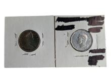 Lot of 2 Canadian 5 Cent Coins - 1967 Ellizabeth II/Rabbit & 1945 George VI