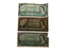 Lot of 3 Canadian One Dollar Bills - 1967, 1954 & 1954