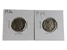 Lot of 2 Buffalo Nickels - 1926 & 1934
