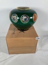 Japanese Green Medallion Vase With Wooden Box