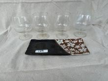 Studio Pottery Tray With Set of 4 Snifter Glasses