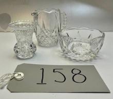 Lot of 3 Breakfast Table Crystal and Pressed Glass Accessories, 3.75 Milk or Creamer, Flower Holder