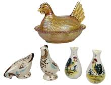 Collectibles (3) Carnival Glass Indiana Hen On Nest (in Box), Rooster, Red
