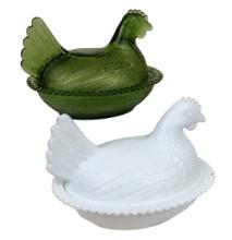 Collectibles (2) Green Milk Glass Hen On Nest, Unmarked, Exc Cond, 6"l.