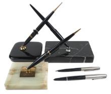 5 Parker Pen, Pencil Desk Sets, Two 45's W/gold Terminals In Blk Glass & On