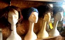3- wigs with styrofoam heads and hat