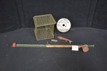 Vintage Homemade Fish Minder, Bait Basket, Spin Chief Line Advertising Reel, and Fishing Lures