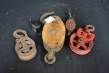 Group of 5 Wooden and Metal Block and Tackle Pulleys