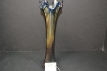 Fenton Silver Over Cobalt Carnival Glass Fine Ribbed Vase; 12"