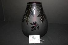 1990s Ken Benson Amethyst Art Glass Carve Leaf Pattern Vase