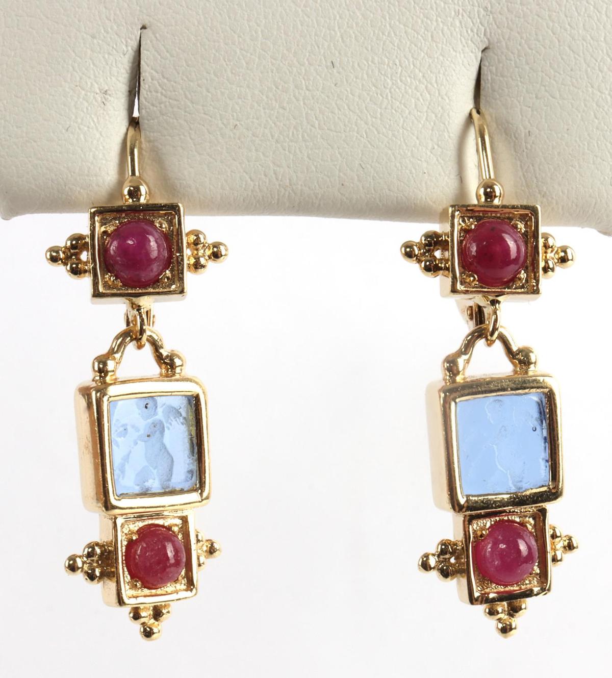 14K YELLOW GOLD RUBY IOLITE INTAGLIO EARRINGS