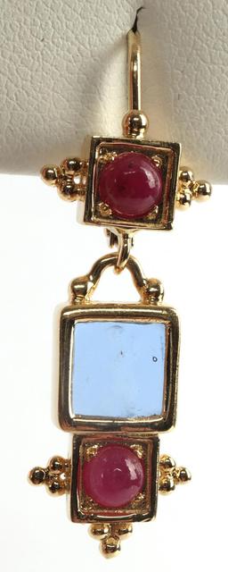 14K YELLOW GOLD RUBY IOLITE INTAGLIO EARRINGS