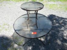 2 GLASS TOP ROUND PATIO TABLES  18 X 19 AND 40 X 27