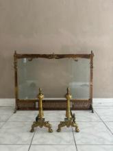 Brass Fireplace Glass Screen with Andirons