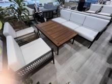 "Newport', a 4 Piece Outdoor Patio Furniture Set a 3 Seater Sofa, (2) Arm Side Chairs and a Teak Cof