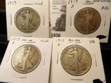 Walking Liberty Half Dollar Lot: 1917 P Good, 1917 D Obverse Mintmark AG, 1917 D Reverse Fine, & 17