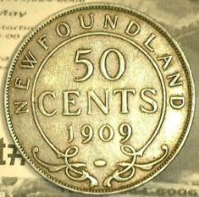 1909 King Edward VII Newfoundland Silver Half Dollar, EF.