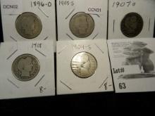 1896 O, 1905 S, 07 O, 08 P, 09 S Silver Barber Quarters.