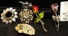 (6) Different Ladies Broaches includes three different Rose Broaches, Costume Jewelry.