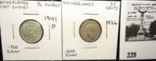 1941 P Netherlands East Indies 1/4 Gulden, .720 fine Silver; & 1926 Netherlands .640 fine Silver .25