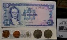 Bank of Jamaica Set of Coins & a Ten Dollar Banknote. Four Coins included.