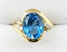 Ladies 14K Yellow Gold Blue Topaz & Diamond Ring