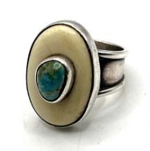 Sterling Silver Turquoise and Bone Navajo Ring
