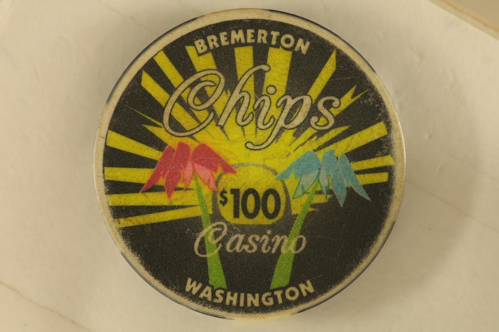 $100 CHIPS CASINO CHIP. BREMERTON, WASHINGTON