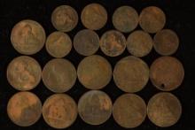 20 BELGIUM COPPER COINS.  DATES ARE APPROX 1870 TO