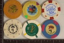 6 PLASTIC CASINO GAMING TOKENS: 2-50 CENT AND