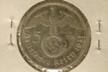 1936-A GERMAN SILVER 5 MARK WITH SWASTIKA .4016