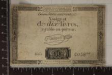 1792 FRANCE 10 LIVRES ASSIGNAT NOTE